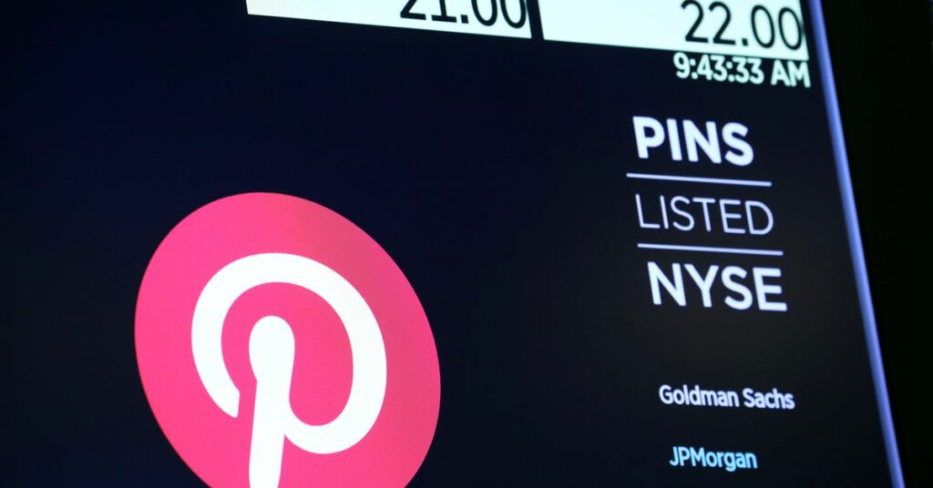 The company logo for Pinterest, Inc. with trading information is displayed on a screen at the New York Stock Exchange (NYSE) in New York, U.S., April 18, 2019. REUTERS/Brendan McDermid