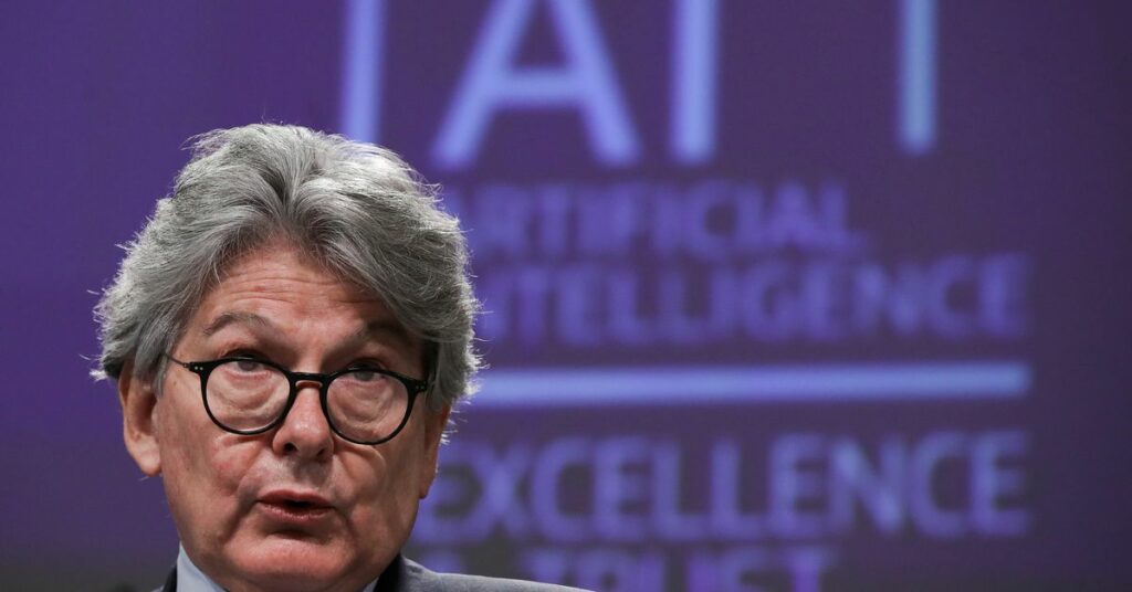 European Internal Market Commissioner Thierry Breton speaks at a media conference on the EU approach to Artificial Intelligence following a weekly meeting of EU Commission in Brussels, Belgium, April 21, 2021. Olivier Hoslet/Pool via REUTERS