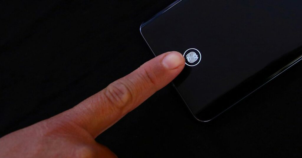 A fingerprint sensor is pictured on a mobile phone in Mexico City, Mexico, February 3, 2021. REUTERS/Edgard Garrido
