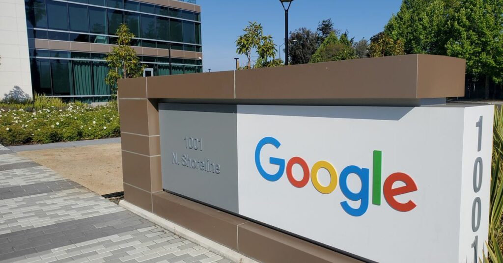 A sign is pictured outside a Google office near the company