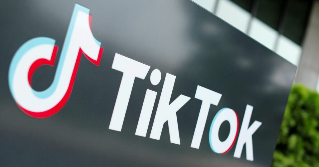 The TikTok logo is pictured outside the company