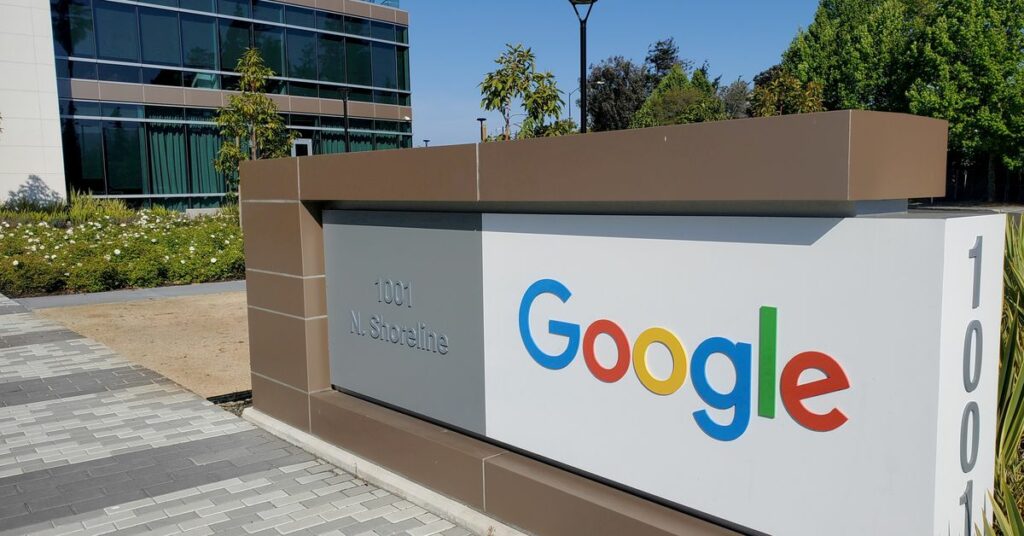 A sign is pictured outside a Google office near the company