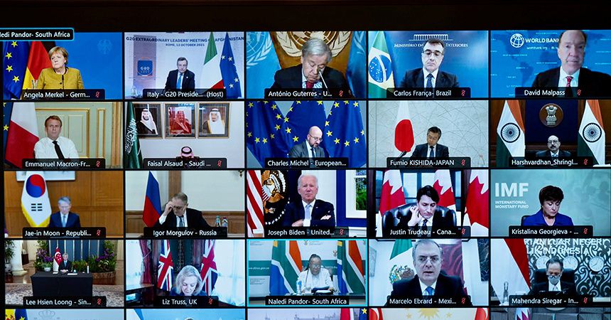 Italian Prime Minister Mario Draghi attends virtually an extraordinary G20 leaders meeting on Afghanistan, in Rome, Italy, October 12, 2021. Filippo Attili/Palazzo Chigi Press Office/Handout via REUTERS