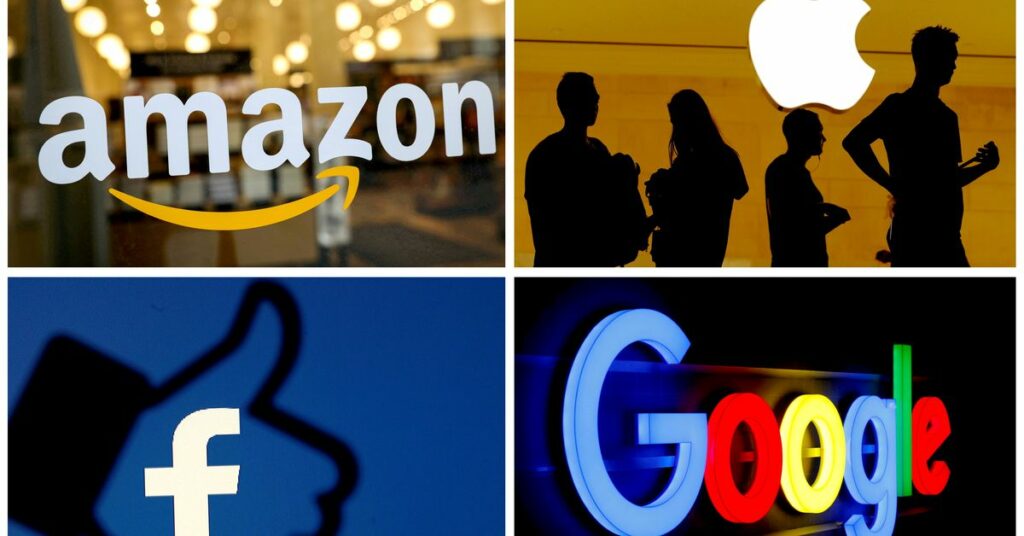 The logos of mobile apps, Google, Amazon, Facebook, Apple and Netflix, are displayed on a screen in this illustration picture taken December 3, 2019. REUTERS/Regis Duvignau