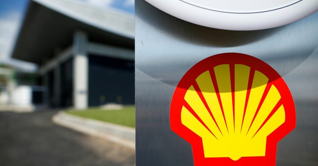 The logo of Royal Dutch Shell is pictured during a launch event for a hydrogen electrolysis plant at Shell