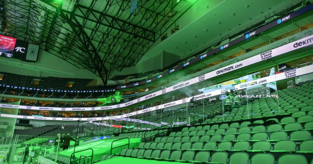 FILE PHOTO; Feb 11, 2021; Dallas, Texas, USA; A view of the arena before the game between the Dallas Stars and the Carolina Hurricanes at the American Airlines Center. In accordance with NHL Covid-19 preventative measures all teams have installed new barriers and partitions to allow for open air team benches . Mandatory Credit: Jerome Miron-USA TODAY Sports