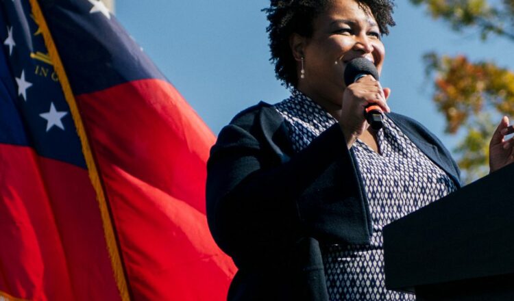 Former Georgia House of Representatives Minority Leader Stacey Abrams speaks ahead of former President Barack Obama