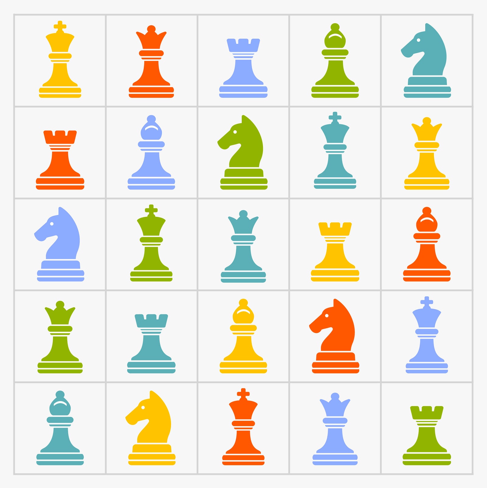 rejillas con piezas de ajedrez de colores en cada cuadrado