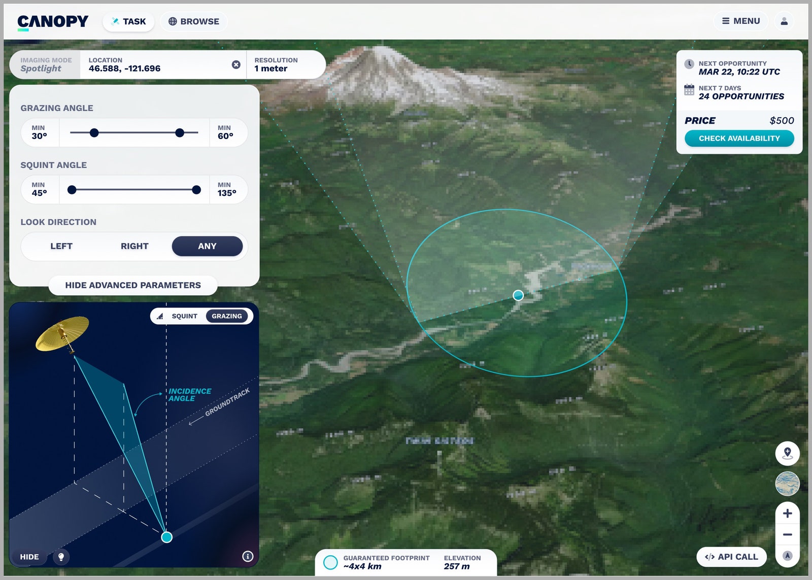 Captura de pantalla del software Canopy desarrollado por Umbra Lab que muestra datos geográficos y topográficos