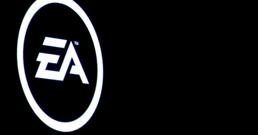 The Electronic Arts Inc., logo is displayed on a screen during a PlayStation 4 Pro launch event in New York