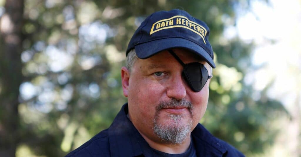 Stewart Rhodes of the Oath Keepers poses during an interview session in Eureka