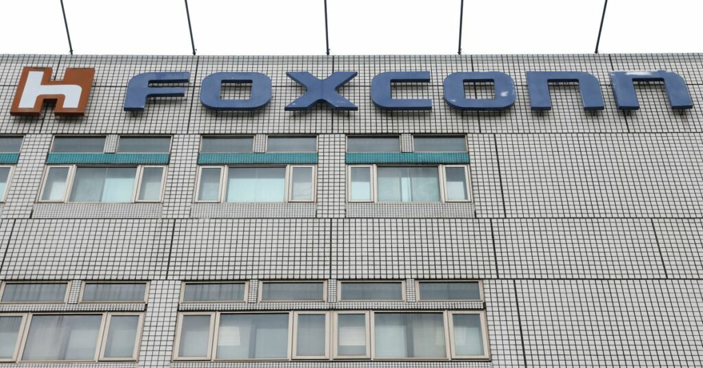 The logo of Foxconn is pictured on top of the company