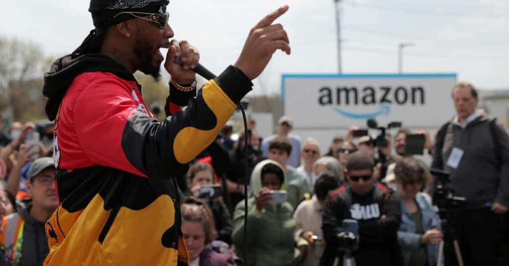 Amazon Labour Union (ALU) organizer Christian Smalls speaks at an Amazon facility during a rally in Staten Island, New York City