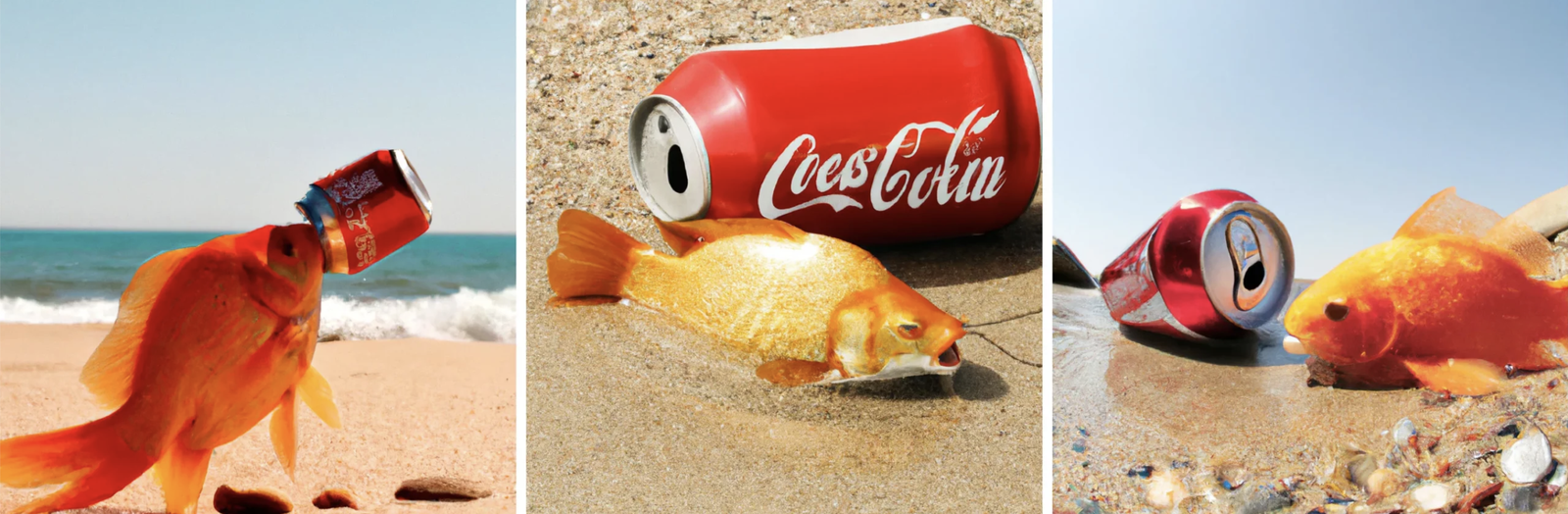 DALL·E 2 produjo estas imágenes de “peces dorados sorbiendo CocaCola en una playa”.  El programa creado por OpenAI probablemente tenía...