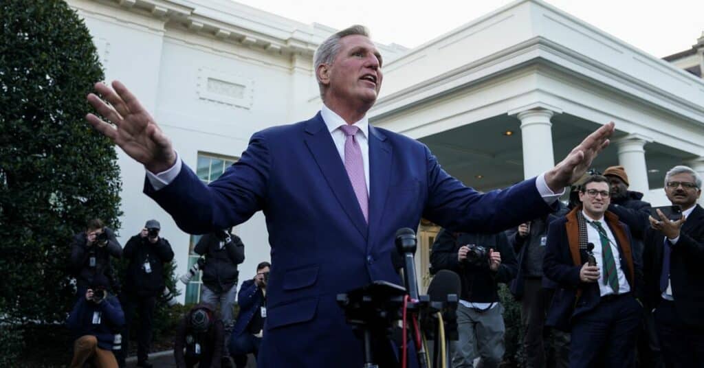 U.S. House Speaker McCarthy talks to reporters after meeting with President Biden at the White House in Washington