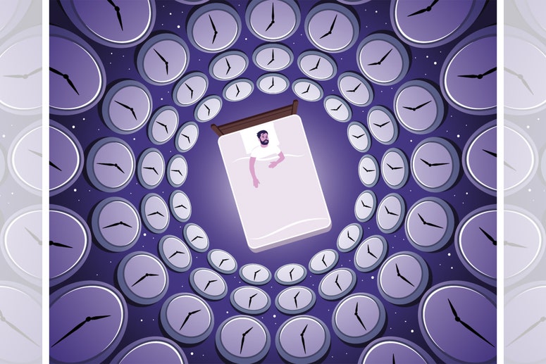 ilustración de una persona en la cama rodeada de relojes