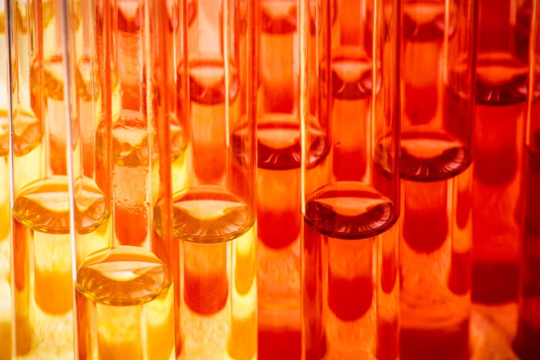 Tubos de ensayo que contienen líquidos claros sobre un fondo rojo y naranja
