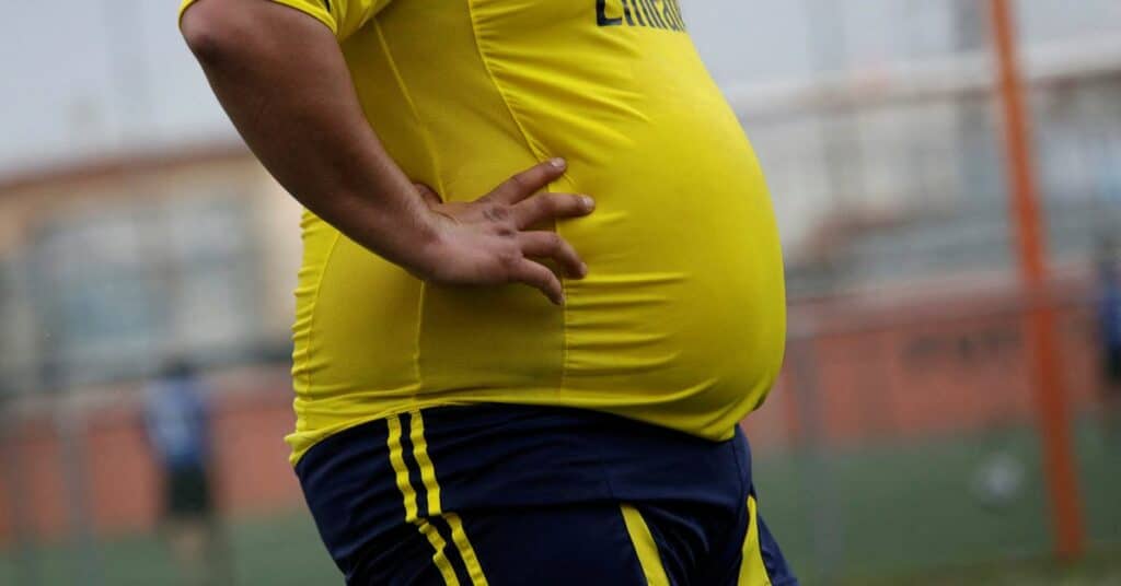 A player is pictured during his "Futbol de Peso" (Soccer of Weight ) league soccer match, a league for obese men who want to improve their health through soccer and nutritional counseling, in San Nicolas de los Garza