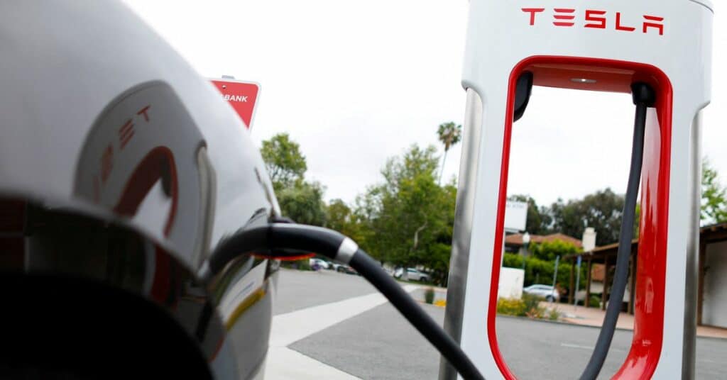 A Tesla super charger is shown at one of the company's charging stations in San Juan Capistrano, California,